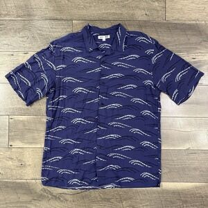 Uniqlo x Unsodo Blue Wave Print Surf Rayon Japanese Art Aloha Shirt‎ Size Large